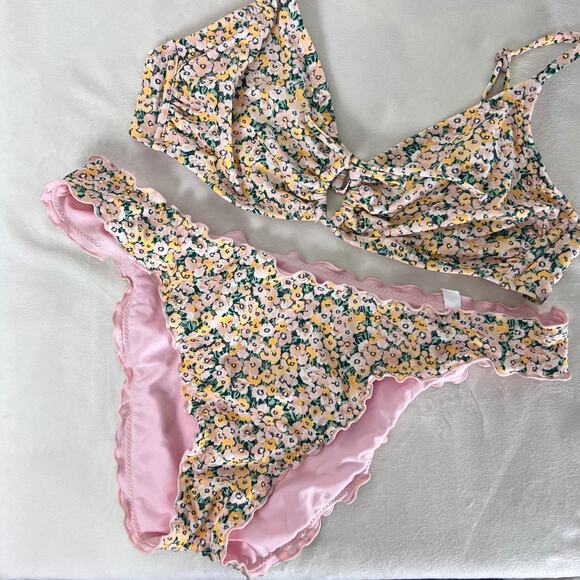 Shade & Shore Floral Bikini Set Pink Yellow Daisy Print Size L Swimwear - Picture 2 of 4